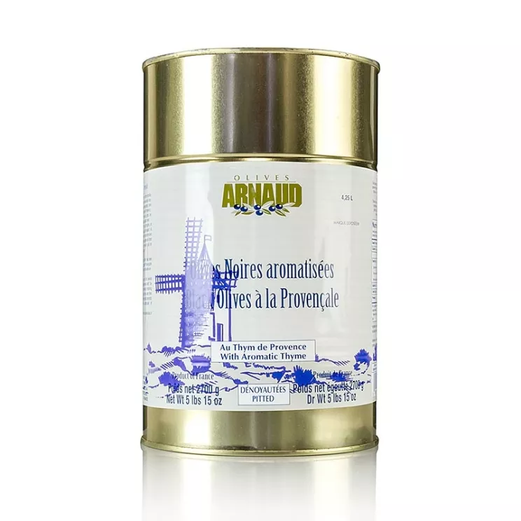 Schwarze Oliven mit Thymian, in Sonnenblumenöl Arnaud, ohne Kern, 2,7 kg
