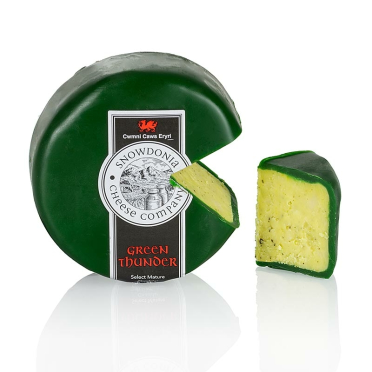 Green Thunder Snowdonia, Cheddarkäse mit Knoblauch & Kräutern, grüner Wachs, 200 g