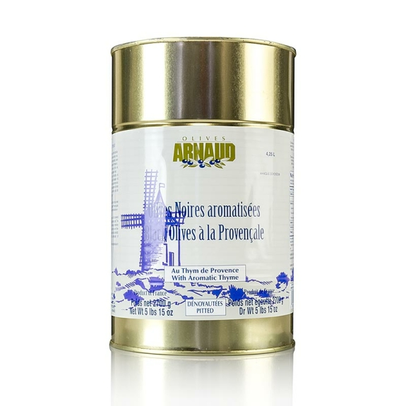Schwarze Oliven mit Thymian, in Sonnenblumen&ouml;l
					Arnaud, ohne Kern, 2,7 kg
				