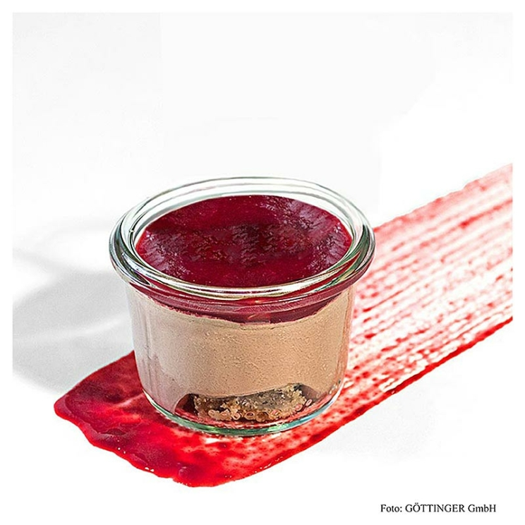 Vegane Schokoladentrüffel-Creme mit Himbeerfruchtmark auf Nusskuchen 720 g, 12 x 80 ml